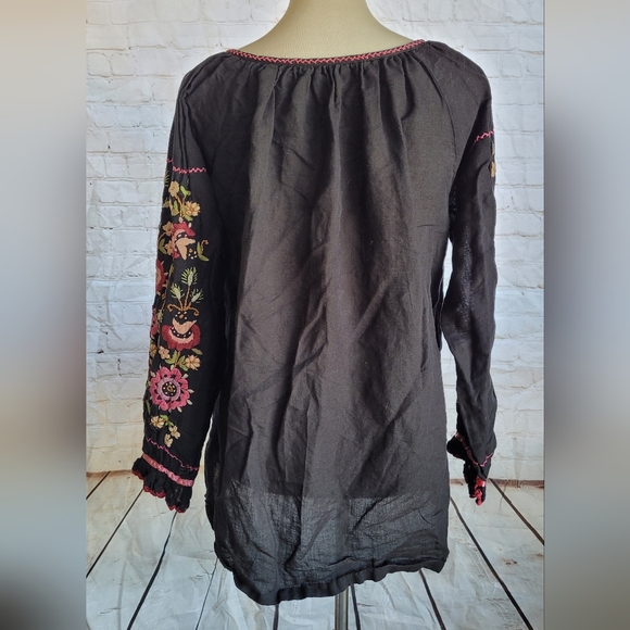 J Peterman Black Floral Embroidered Boho Long Sleeve Blouse Sz L - Picture 4 of 7